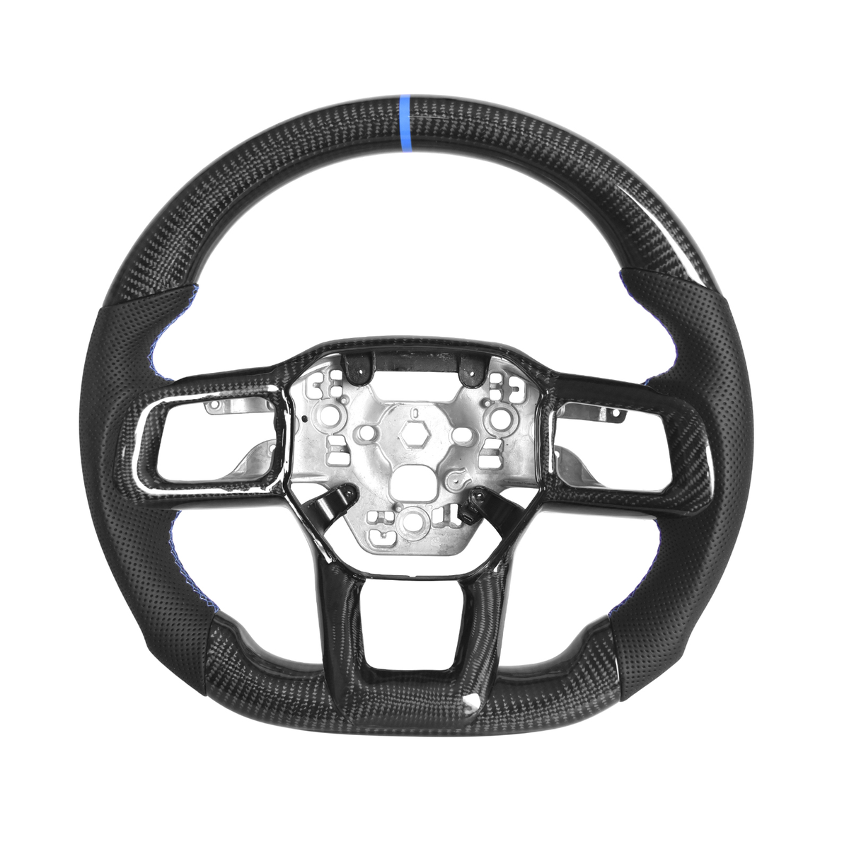 2024-Up Mustang Carbon Fiber Steering Wheel Black Perforated Leather Blue Stitching Blue Stripe image 1