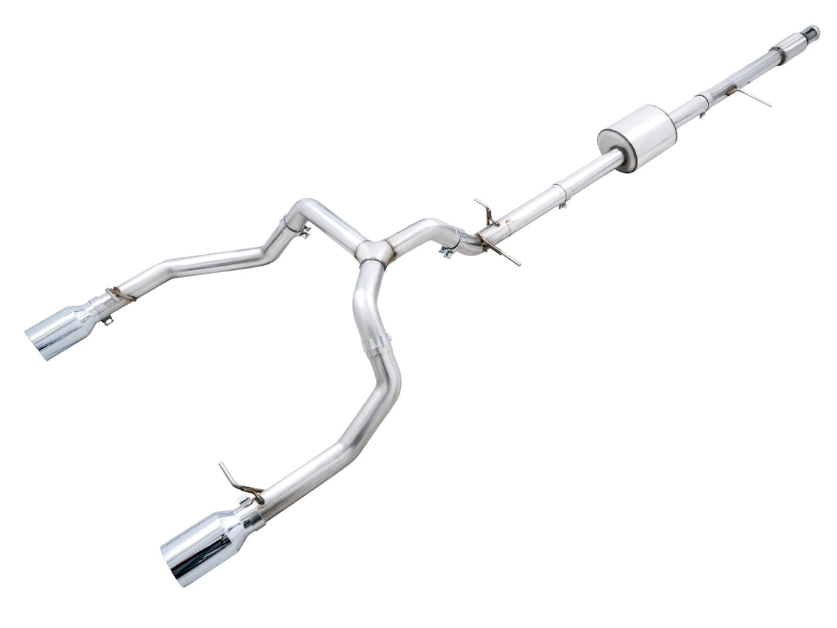 AWE 0FG Catback Split Rear Exit Exhaust for 4th Gen Silverado/Sierra 1500 5.3L (Flat Bumper) - Dual Chrome Silver Tips image 1
