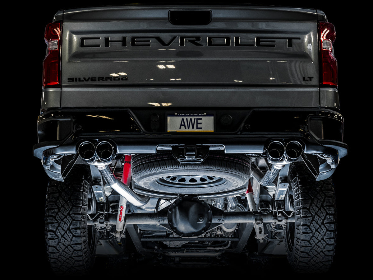 AWE 0FG Catback Split Rear Exit Exhaust for 4th Gen Silverado/Sierra 1500 6.2L (with bumper cutouts) - Quad Chrome Silver Tips image 6