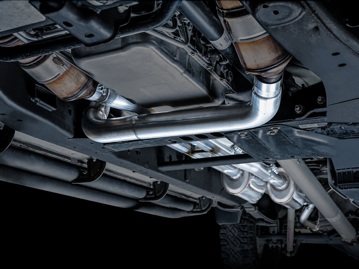 AWE 0FG Catback Split Rear Exit Exhaust for 4th Gen Silverado/Sierra 1500 6.2L (with bumper cutouts) - Quad Chrome Silver Tips image 7