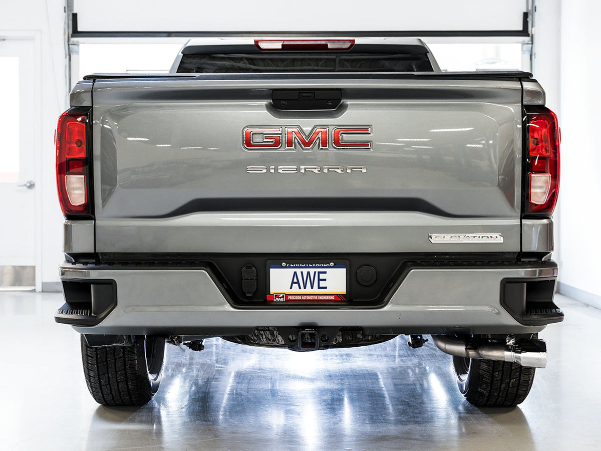 AWE 0FG Catback Dual Side Exit Exhaust for 4th Gen Silverado/Sierra 1500 5.3L (Flat Bumper) - Chrome Silver Tips image 6