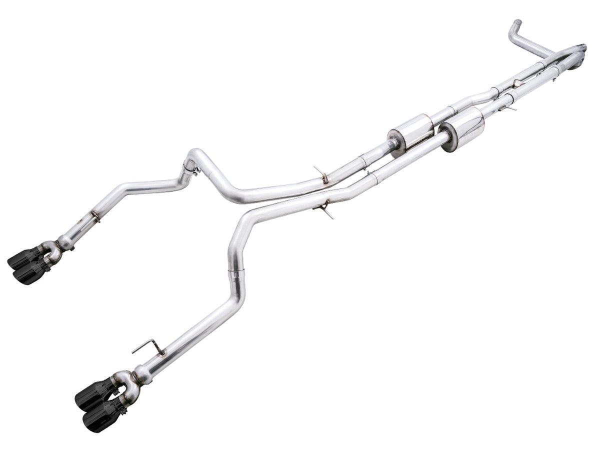 AWE 0FG Catback Split Rear Exit Exhaust for 4th Gen Silverado/Sierra 1500 6.2L (With Bumper Cutouts) - Quad Diamond Black Tips image 1