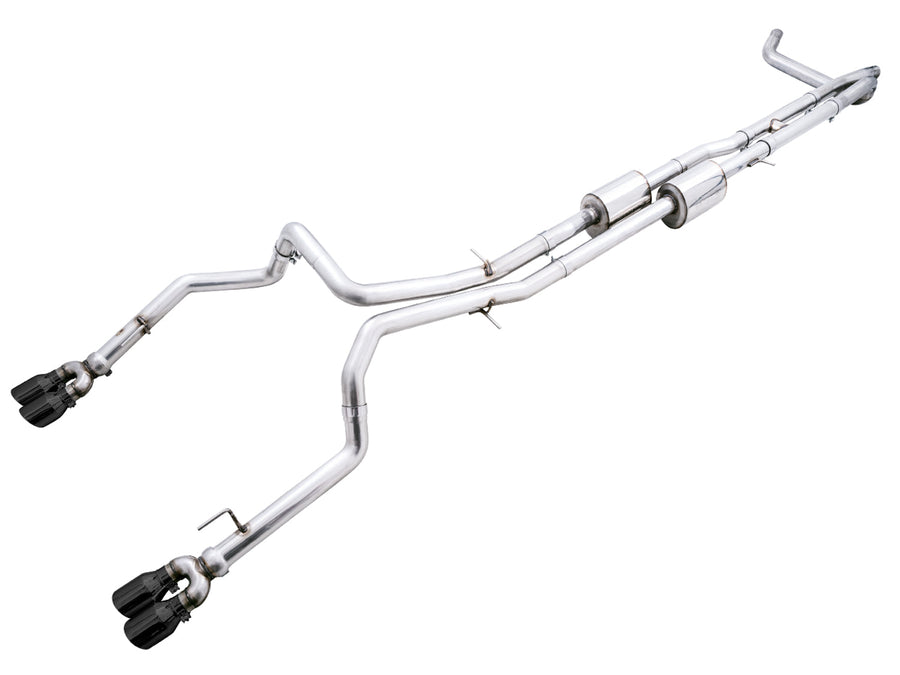 AWE 0FG Catback Split Rear Exit Exhaust for 4th Gen Silverado/Sierra 1500 6.2L (With Bumper Cutouts) - Quad Diamond Black Tips image 1