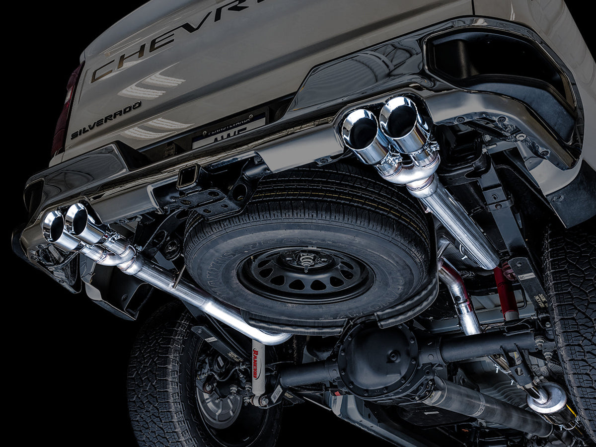 AWE 0FG Catback Split Rear Exit Exhaust for 4th Gen Silverado/Sierra 1500 5.3L (With Bumper Cutouts) - Quad Chrome Silver Tips image 5