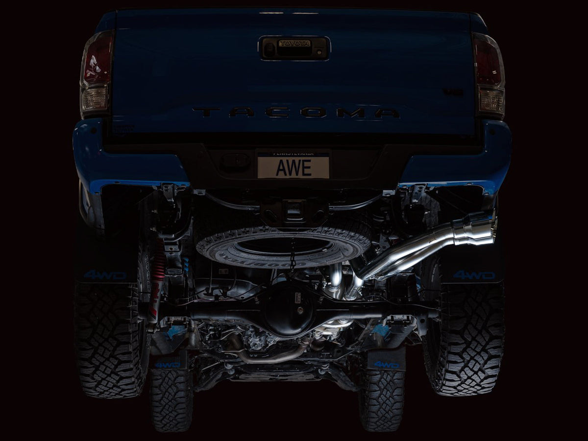 AWE 0FG Exhaust with BashGuard for 3rd Gen Tacoma - Dual Chrome Silver Tips image 2