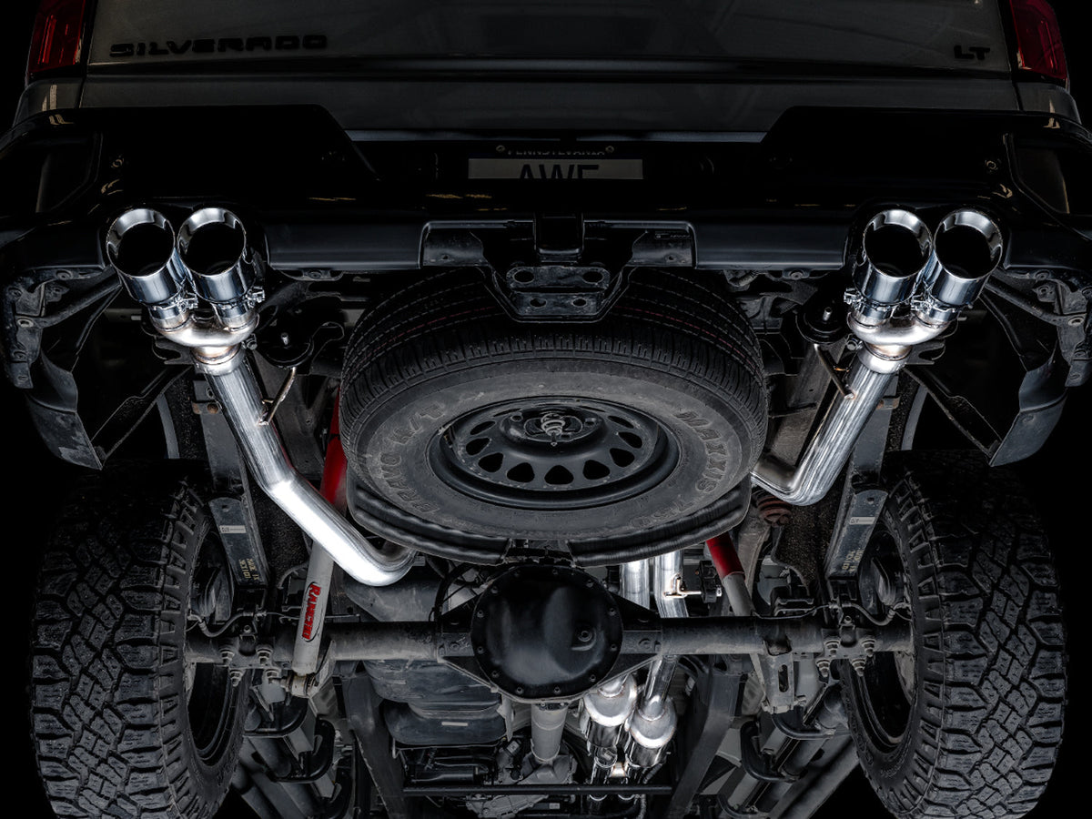 AWE 0FG Catback Split Rear Exit Exhaust for 4th Gen Silverado/Sierra 1500 6.2L (with bumper cutouts) - Quad Chrome Silver Tips image 3