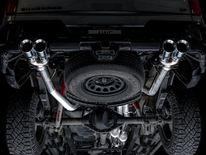 AWE 0FG Catback Split Rear Exit Exhaust for 4th Gen Silverado/Sierra 1500 6.2L (with bumper cutouts) - Quad Chrome Silver Tips image 3